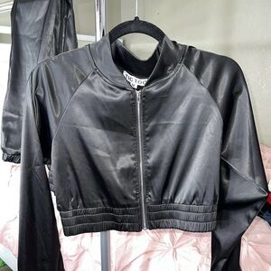 Chic Black Satin Bomber Jacket